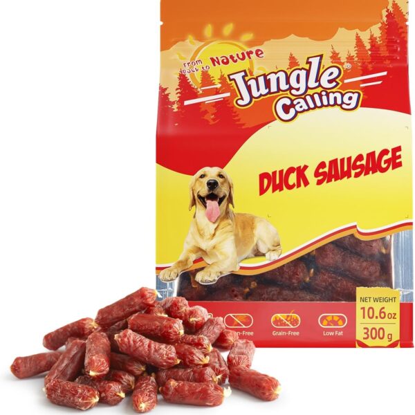 Jungle Calling Soft Duck Sausage Dog Treats, Grain-Free Single Ingredient Tender Duck Jerky, Easy to Chew Training Treats for Small & Medium Dogs, 10.6 oz