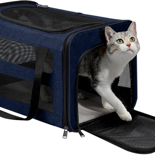 Cat Carrier Soft-Sided 18x11x11 Inch Travel Bag for Medium Cats Over 15lbs, Small Dog Carrier Crate Top Entry Breathable Mesh Puppy 12 Pounds, Pet Rabbit Carrying Cage Kennel Collapsible Navy