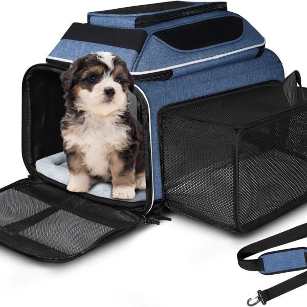 Petskd Top and Side Expandable Pet Carrier 18x11x11 Inches Delta United Airline Approved, Soft-Sided Carrier for Small Cats and Dogs with Locking Safety Zippers and Anti-Scratch Mesh(Blue)