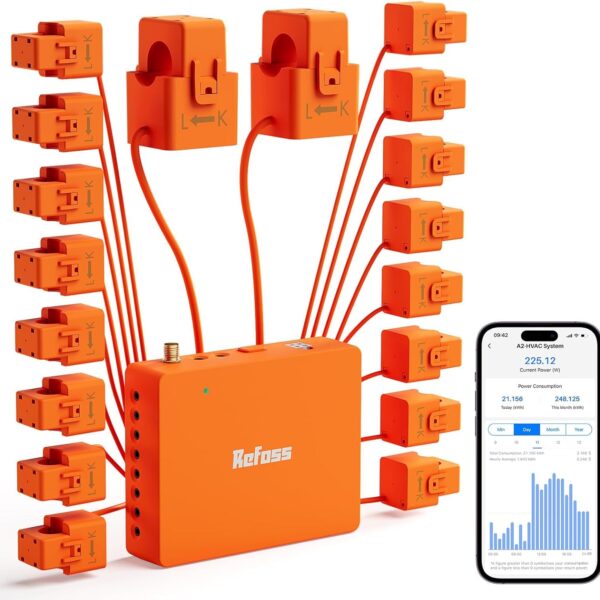 Smart Home Energy Monitor Supports Home Assistant, Real-Time Accurate Energy Consumption Tracking, Electricity Usage Monitor with 16x60A Circuit Sensors, 36-Month History, Solar Metering, 2.4G