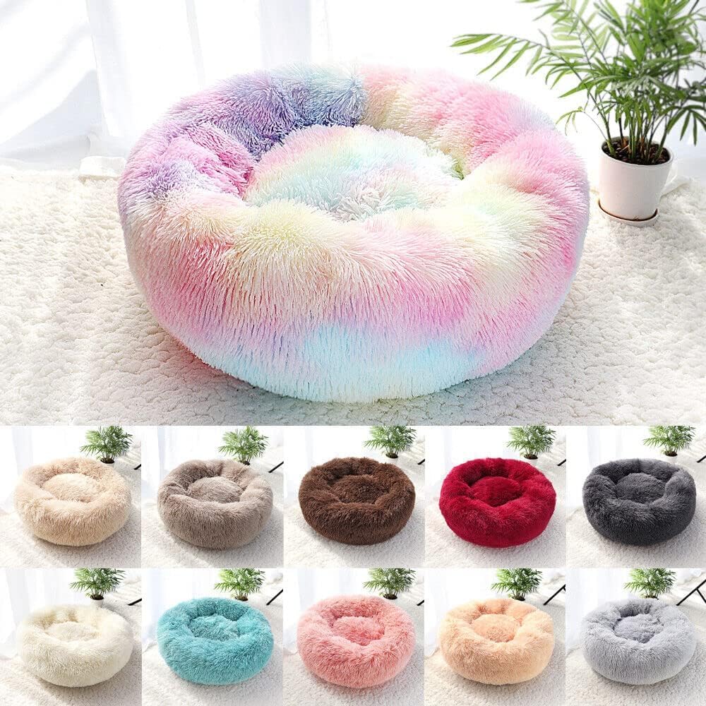 Cat Bed for Indoor Cats and Small Medium Dogs - Washable 20/24 Inches, Anti-Anxiety Round Fluffy Plush Faux Fur, Thick Bottom (Rainbow, Medium) Cat Bed for Indoor Cats and Small Medium Dogs - Washable 20/24 Inches, Anti-Anxiety Round Fluffy Plush Faux Fur, Thick Bottom (Rainbow, Medium)