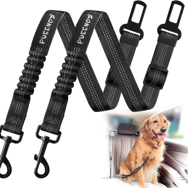 2 Pack Dog Seat Belt Adjustable Dog Car Seatbelts for Vehicle Nylon Pet Safety Seat Belt with Elastic Bungee Buffer Reflective & Durable Car Harness for Dogs