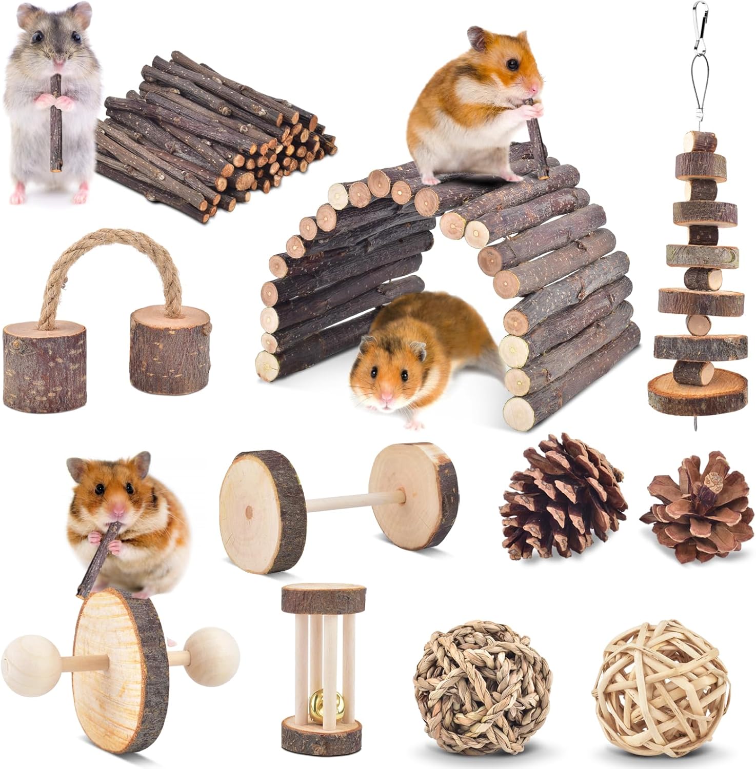 ERKOON 11 Pack Chinchillas Chew Toys, Toys Accessories for Teeth Care, Natural Apple Wood Ladder Bell Roller for Russian Hamster Gerbils Rats Guinea Pigs (11PCS) ERKOON 11 Pack Chinchillas Chew Toys, Toys Accessories for Teeth Care, Natural Apple Wood Ladder Bell Roller for Russian Hamster Gerbils Rats Guinea Pigs (11PCS)