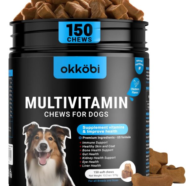 Dog Vitamins and Supplements - 150 Dog Multivitamin Chewable - Immune, Joint Support, Skin, Gut Health + Packed with Omega 3s, Glucosamine & Probiotics - Safe for Puppy - Chicken