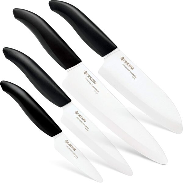 Kyoceras Revolution 4-Piece Ceramic Knife Set: Ceramic Chef Knife For Your Cooking Needs, 7" Chef's Santoku, 5.5" Santoku, 4.5" Utility & 3" Paring Knives, Black/White