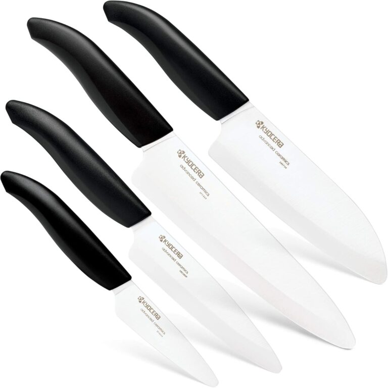 Kyoceras Revolution 4-Piece Ceramic Knife Set: Ceramic Chef Knife For Your Cooking Needs, 7" Chef's Santoku, 5.5" Santoku, 4.5" Utility & 3" Paring Knives, Black/White