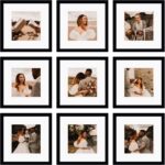 12x12 Picture Frame Set of 9, Display Pictures 8x8 with Mat or 12x12 without Mat, Multi Collage Gallery Square Photo Frames for Wall or Tabletop, Black