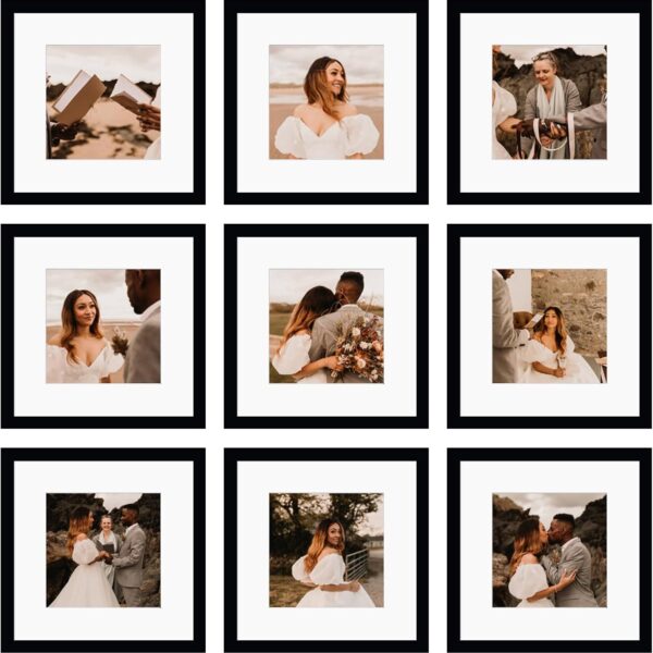 12x12 Picture Frame Set of 9, Display Pictures 8x8 with Mat or 12x12 without Mat, Multi Collage Gallery Square Photo Frames for Wall or Tabletop, Black