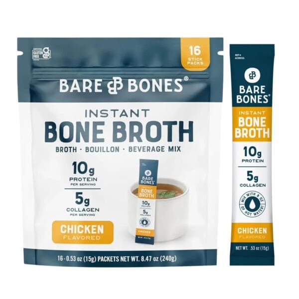 Bare Bones Chicken Bone Broth Instant Powdered Mix Packets | 5g Collagen | 10g Protein | Keto & Paleo Friendly | No Artificial Flavors | Non-GMO, Gluten-Free, Dairy-Free Rich Savory on-the-go 16 Pack