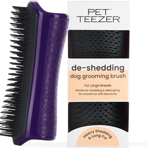 Pet Teezer De-Shedding Dog Brush by Tangle Teezer, Dog Grooming Tool for Long Haired Breeds and Wet or Dry Fur, Large, Purple & Gray