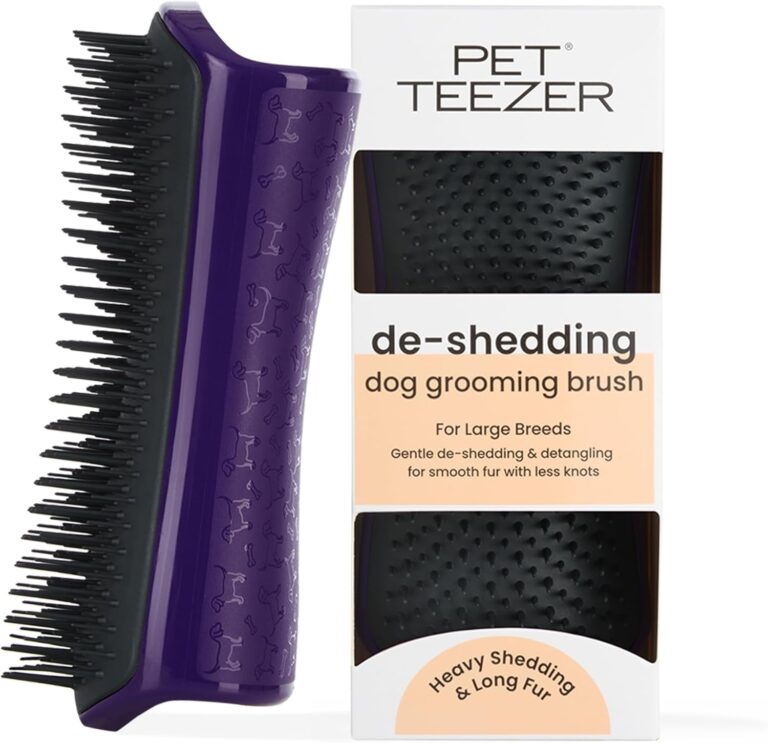 Pet Teezer De-Shedding Dog Brush by Tangle Teezer, Dog Grooming Tool for Long Haired Breeds and Wet or Dry Fur, Large, Purple & Gray