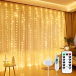 Minetom Curtain Lights, 300 LED Dimmable Fairy Lights Twinkle Lights with Remote and Timer, 8 Modes, USB Powered String Lights for Room Wall Party Xmas Indoor Decor, Warm White