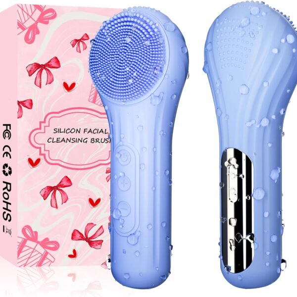 Silicone Face Scrubber, Waterproof Electric Facial Cleansing Brush for Men & Women, Rechargeable Face Scrubber with 5 Modes for Deep Cleansing, Exfoliating, Massage (Blue)