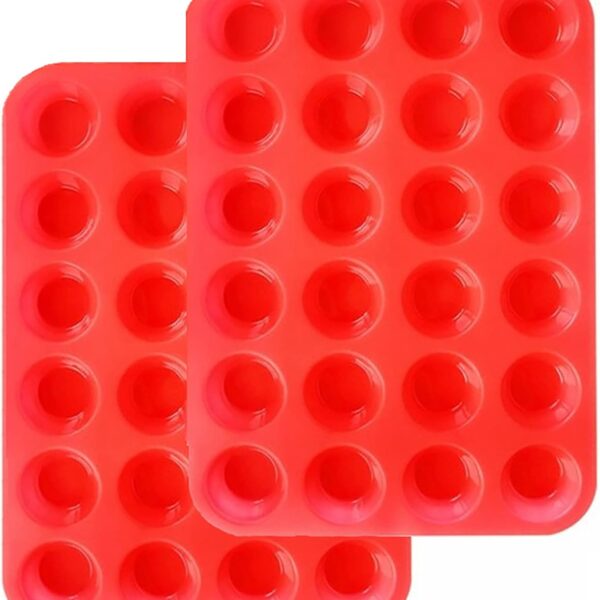 Mini Muffin &Cupcake Set, 24 Cups 2-Pieces, Nonstick Silicone Baking Pan, BPA Free and Dishwasher Safe, Great for Making Muffin Cakes, Tart, Bread (24 Cups Red,2 PCS)