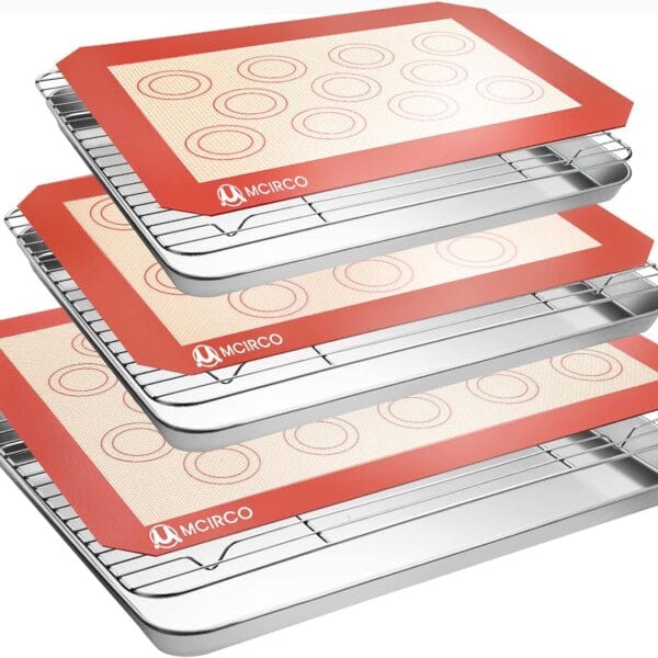 Stainless Steel Baking Sheet Tray Cooling Rack with Silicone Baking Mat Set, Cookie Pan with Cooling Rack, Set of 9 (3 Sheets + 3 Racks + 3 Mats), 10/12/16 Inch, Easy Clean