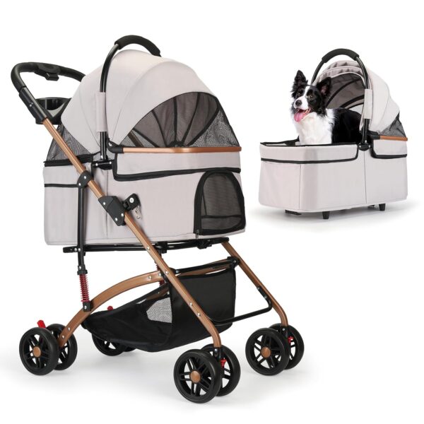 3-in-1 Foldable Pet Stroller for Small Dogs & Cats - Detachable Carrier, Car Safe Car Seat, Large Storage Basket (Grey)