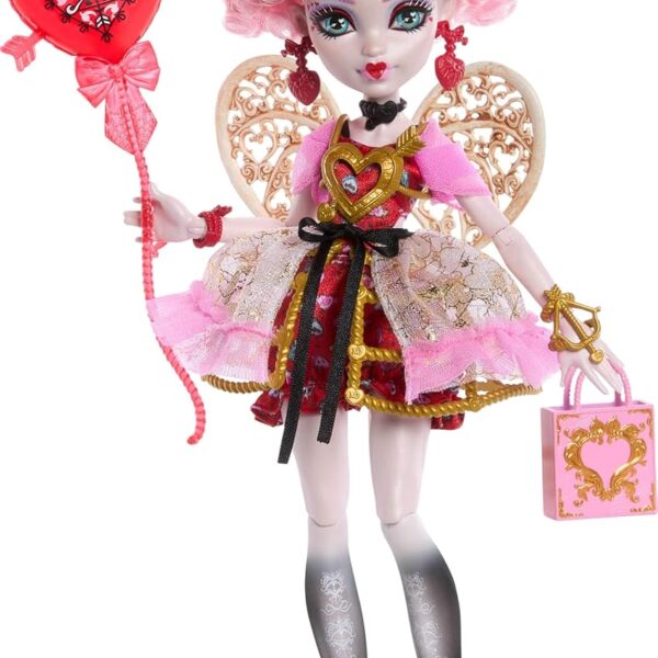 Monster High Scary Sweet Birthday Doll, Cupid Asteria in Pink and Red Party Dress with Themed Accessories Like Invite, Balloon, Gift and More