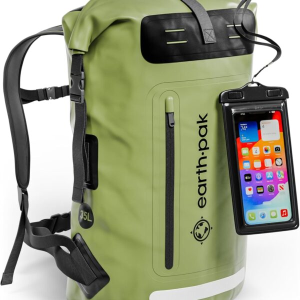 Earth Pak Waterproof Backpack - Heavy Duty Hiking Backpack - Roll-Top Closure Bag - Cushioned Dry Bag Waterproof Phone Case