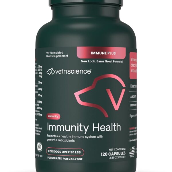 VetriScience Immunity Health Easy-Open Capsules, Immune Plus Supplement for Medium and Large Breed Dogs, Cell Advance Immune and Allergy Support with Antioxidants, Hypoallergenic Formula, 120 Count