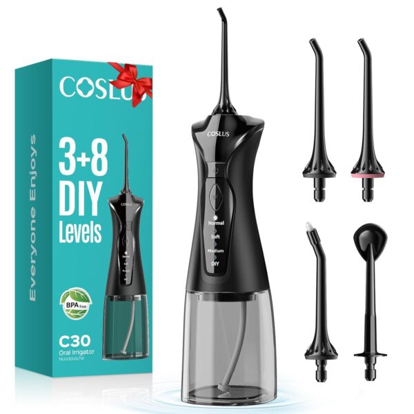 COSLUS Water Dental Flosser Pick for Teeth: 4 Modes Cordless Portable 300ML Larger Tank Water Teeth Cleaner IPX7 Waterproof Flossing Cleaning Picks for Home Travel Black C30(FC5360)
