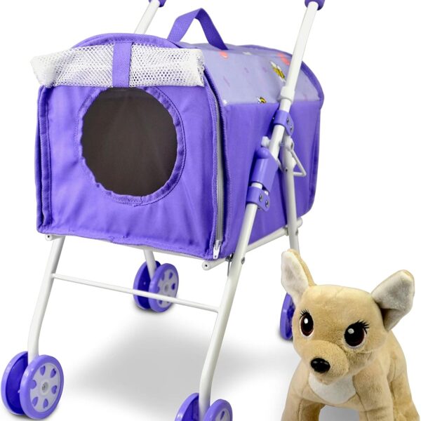 ANIVIA Pet Stroller and Accessories for Kids Ages 3 to 7 Year Olds, Dog Toy for Toddlers, 2 Pieces Play Dog Set, Puppy Party Playset with 1 Pet Puppy Included Purple