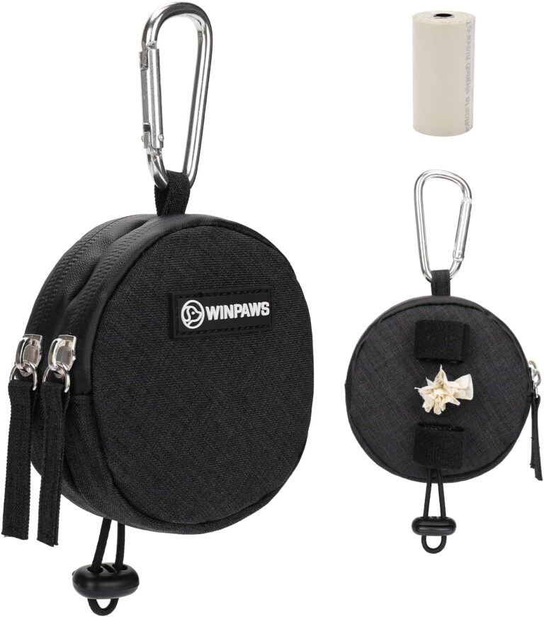 Dog Poop Bag Holder for Leashes- Dog Treat Pouch with Waterproof Zipper,Puppy Training Small Bag with Carabiner & Bungee Toggle,Two Pockets for Dry or Wet Treats-Pet Travel Walking Essentials (Black)