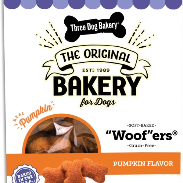 Three Dog Bakery Grain-Free Woofers Pumpkin Flavor Dog Treats for Sensitive Tummies, Dog Biscuits for Training Treats, Pumpkin Flavored Puppy Treat Cookies