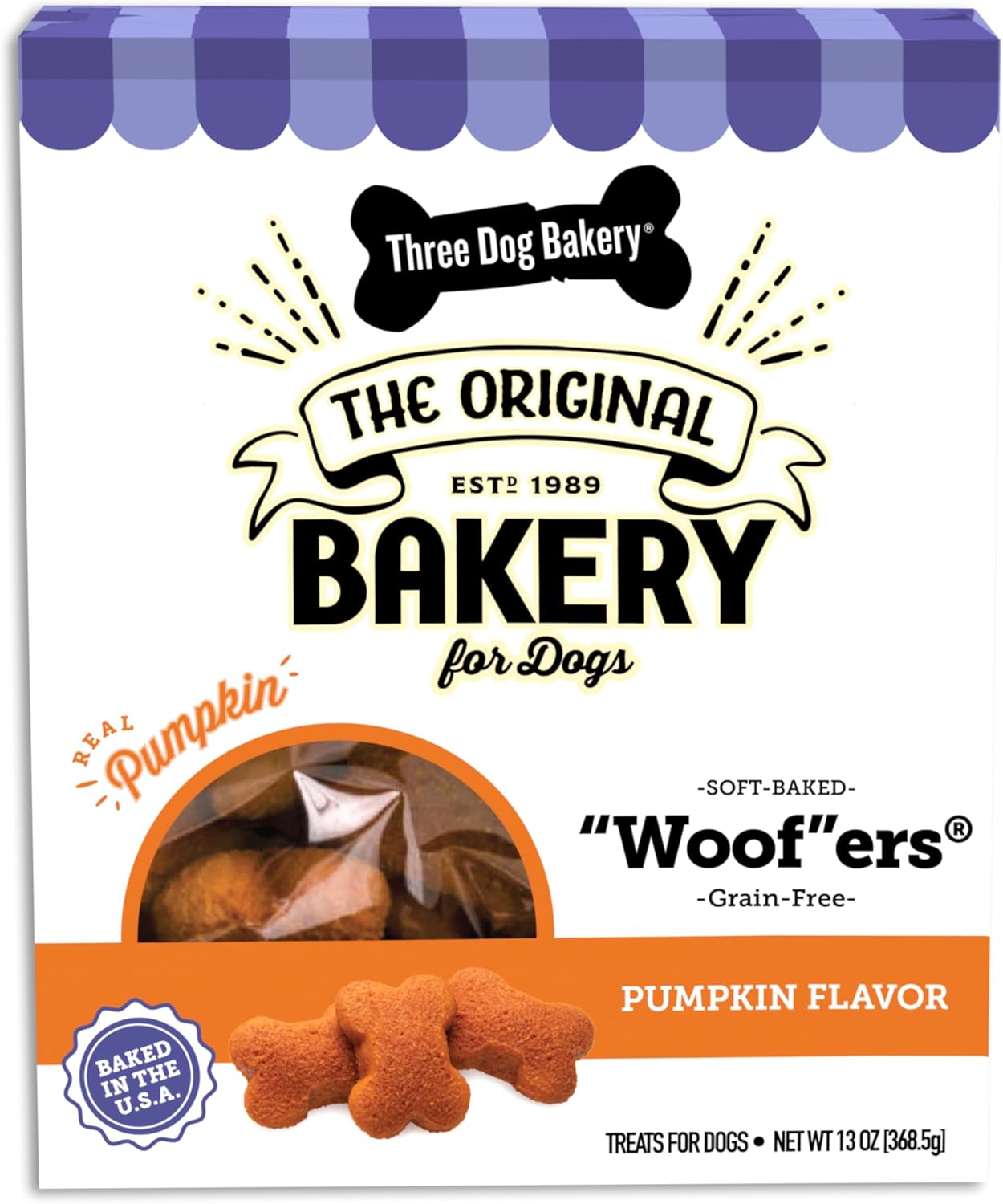 Three Dog Bakery Grain-Free Woofers Pumpkin Flavor Dog Treats for Sensitive Tummies, Dog Biscuits for Training Treats, Pumpkin Flavored Puppy Treat Cookies Three Dog Bakery Grain-Free Woofers Pumpkin Flavor Dog Treats for Sensitive Tummies, Dog Biscuits for Training Treats, Pumpkin Flavored Puppy Treat Cookies