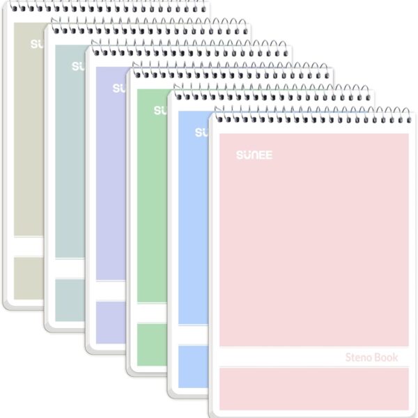 SUNEE Steno Pads 6x9 6 Pack, Gregg Rule, 60 Sheets, 6 Assorted Color Spiral Notebook 6x9, White Paper, Take Notes with Top Spiral Notebook, for School, University, College, Work, Office