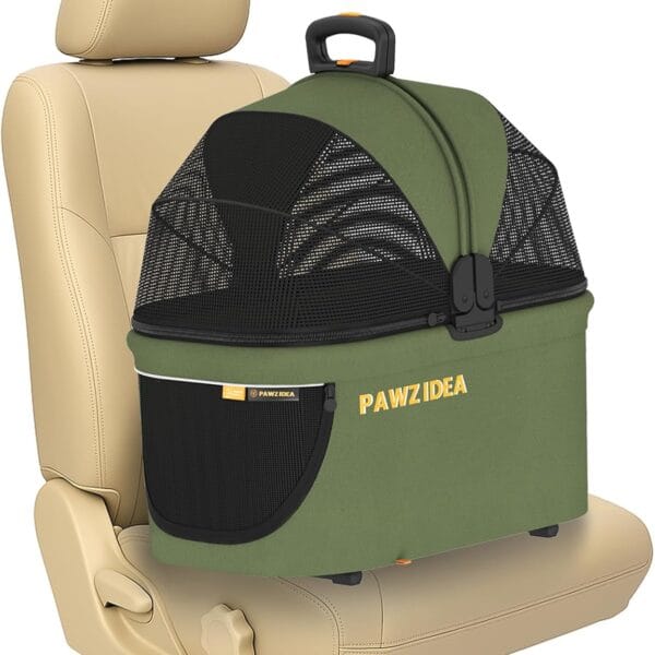 PAWZIDEA Portable Small Dog Crate for Car Travel, Enclosed Pet Car Seat for Small/Medium Dogs Cats up 33lb, Reversible No-Zip Canopy, Soft-Sided Pet Carrier Basket, Collapsible Dog Kennel, Metal Frame