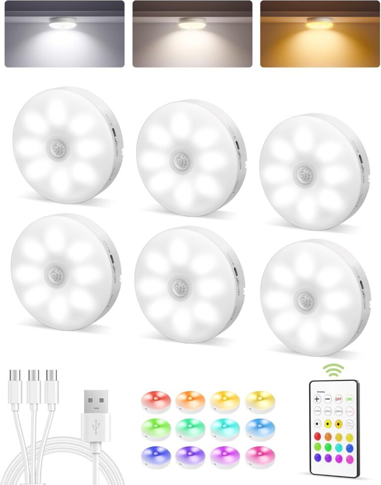 EZVALO 6-Pack Under Cabinet Lighting, Rechargeable Motion Sensor Puck Light with Remote, 3 Color Temps &12 RGB Colors, Magnetic Stick on Light, Dimmable Under Counter Light for Kitchen, Home Decor