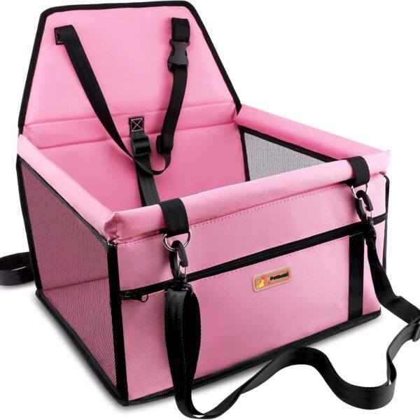 Petbobi Pet Reinforce Car Booster Seat for Dog Cat Portable and Breathable Bag with Seat Belt Dog Carrier Safety Stable for Travel Look Out,with Clip on Leash with PVC Tube, Pink