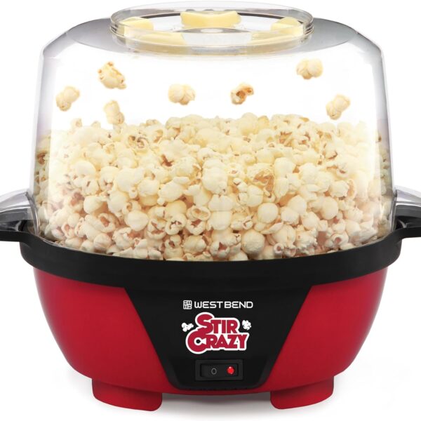 West Bend Stir Crazy Hot Oil Popcorn Popper, Popcorn Maker Machine with Large Serving Bowl Lid and Stirring Rod Perfect for Movie Night Snack Time or Parties, 6-Quart, Red