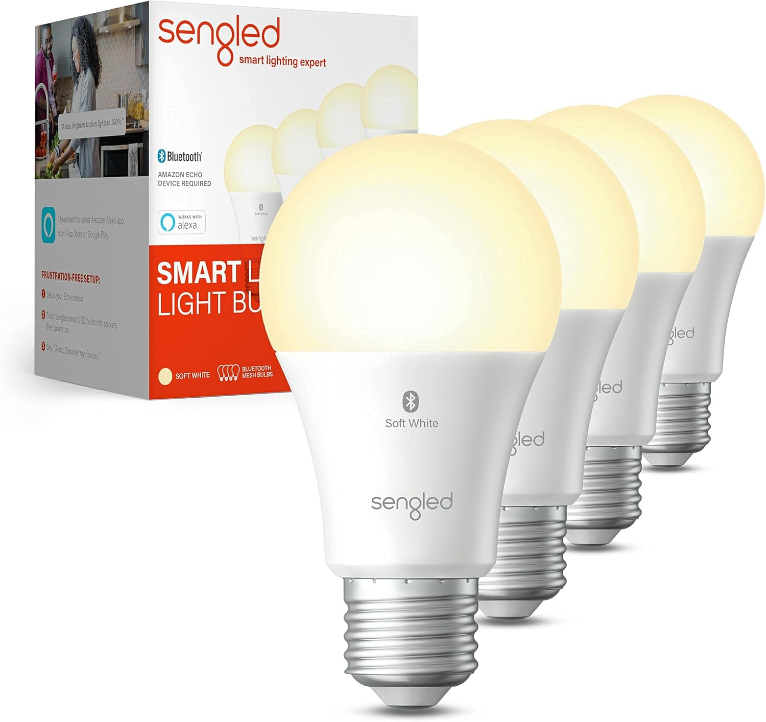 Sengled Alexa Light Bulb, Bluetooth Mesh Smart Light Bulbs, Smart Bulbs That Work with Alexa Only, Dimmable LED Bulb E26 A19, 60W Equivalent Soft White 800LM, Certified for Humans Device, 4 Pack Sengled Alexa Light Bulb, Bluetooth Mesh Smart Light Bulbs, Smart Bulbs That Work with Alexa Only, Dimmable LED Bulb E26 A19, 60W Equivalent Soft White 800LM, Certified for Humans Device, 4 Pack