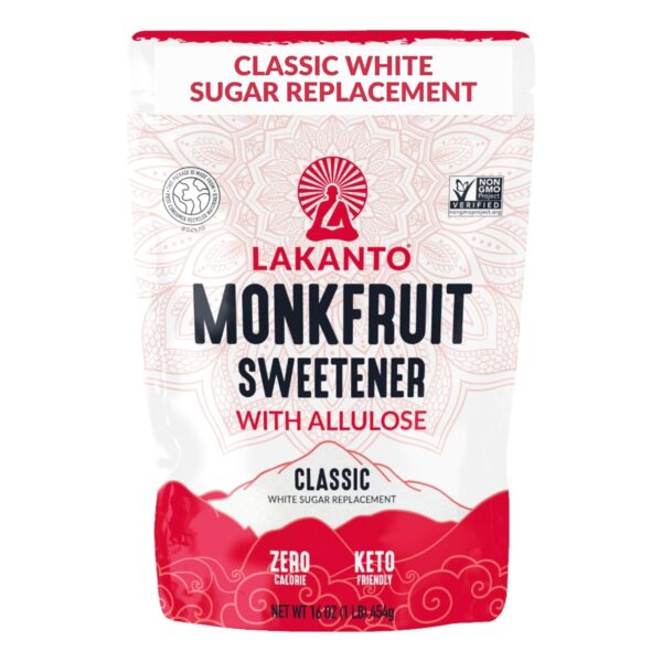 Lakanto Classic Monk Fruit Sweetener With Allulose, White Sugar Substitute From Monk Fruit Extract for Baking, Coffee & Tea, Gluten Free, Zero Calorie, Low Carb, Non GMO, Keto, Classic White (1 lb)