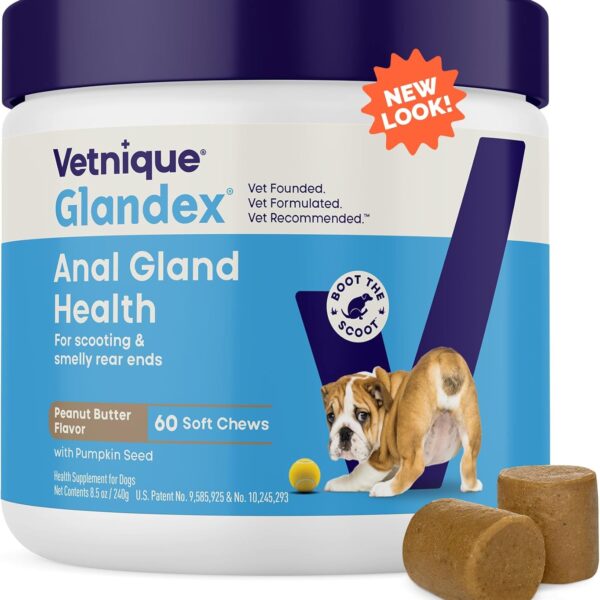 Vetnique Glandex Anal Gland Soft Chew Treats with Pumpkin for Dogs Digestive Enzymes, Probiotics Fiber Supplement for Dogs Boot The Scoot (Peanut Butter Chews, 60 Count)