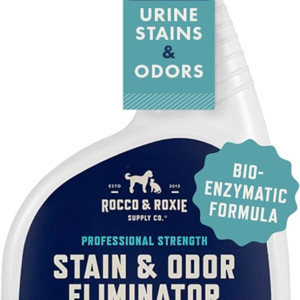 Rocco & Roxie Supply Co. Stain & Strong Odor Eliminator, Enzyme Cleaner, Pet Odor Eliminator for Home - Carpet Stain Remover for Cats & Dog Pee - Urine Destroyer - Carpet Cleaner Spray Clear, 32 Fl Oz