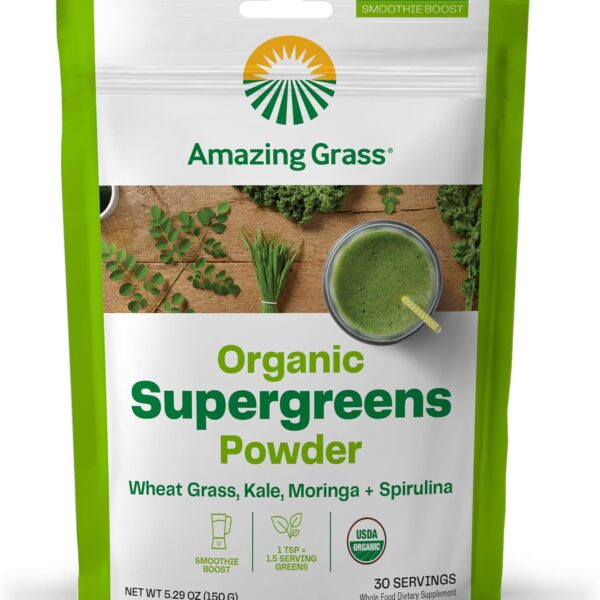 Amazing Grass Super Greens Booster: Greens Powder Smoothie Mix with Spirulina, Moringa, Wheat Grass & Kale Smoothie Booster, Chlorophyll Providing Greens, 30 Servings