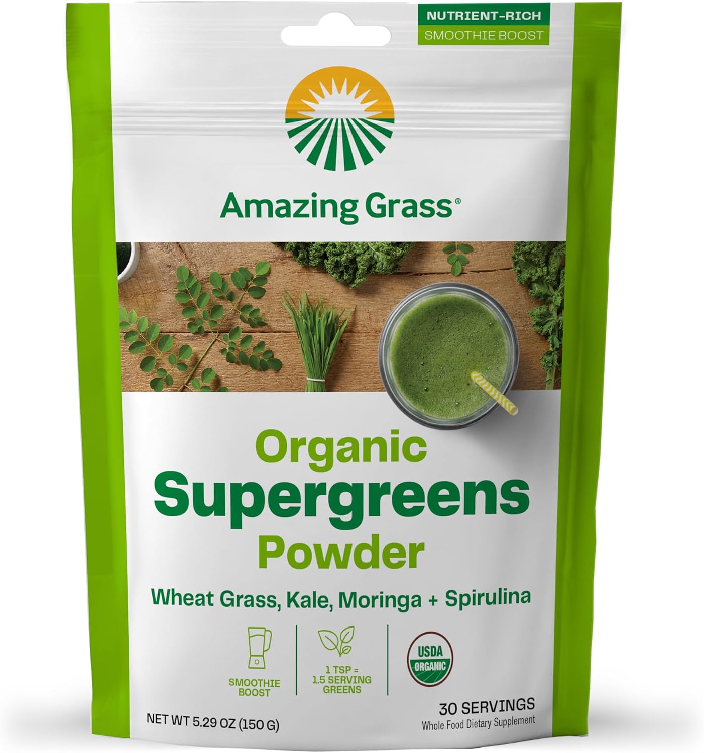 Amazing Grass Super Greens Booster: Greens Powder Smoothie Mix with Spirulina, Moringa, Wheat Grass & Kale Smoothie Booster, Chlorophyll Providing Greens, 30 Servings Amazing Grass Super Greens Booster: Greens Powder Smoothie Mix with Spirulina, Moringa, Wheat Grass & Kale Smoothie Booster, Chlorophyll Providing Greens, 30 Servings