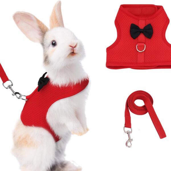 AIITLE Rabbit Harness and Leash Set with Cute Bow, Christmas Soft Breathable Mesh Vest Harness for Rabbits Kitten Ferret Puppy Small Pets Walking Supplies Red S