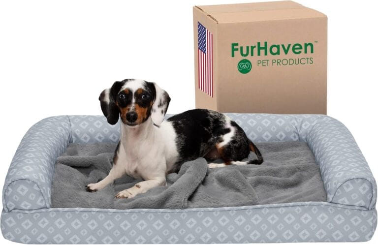 Furhaven Cooling Gel Dog Bed for Medium/Small Dogs w/ Removable Bolsters & Washable Cover, For Dogs Up to 35 lbs - Plush & Diamond Print Nest Top Sofa - Gray, Medium