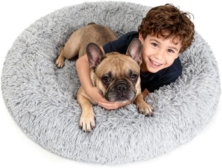 Orthopaedic Round Dog Beds for Large Dogs Washable with Removable Cover,Extra Comfort Calming Foam Cooling Gel Pet Bed with Waterproof Plush Cushion,Fluffy Anti Anxiety Cuddler for Sleep 36 Inch,Grey