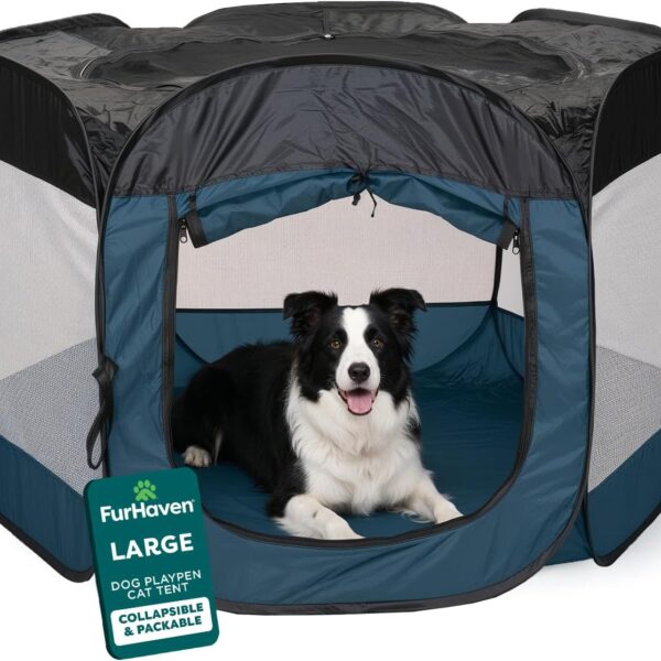 Furhaven Portable Pet Playpen for Dogs & Cats, Large Indoor Kitten Playpen with Mesh Sides, Foldable Dog Playpen for Small Dogs, Pop Up Travel Dog Pen, Large, Pet Crate with Mesh Sides, Sailor Blue