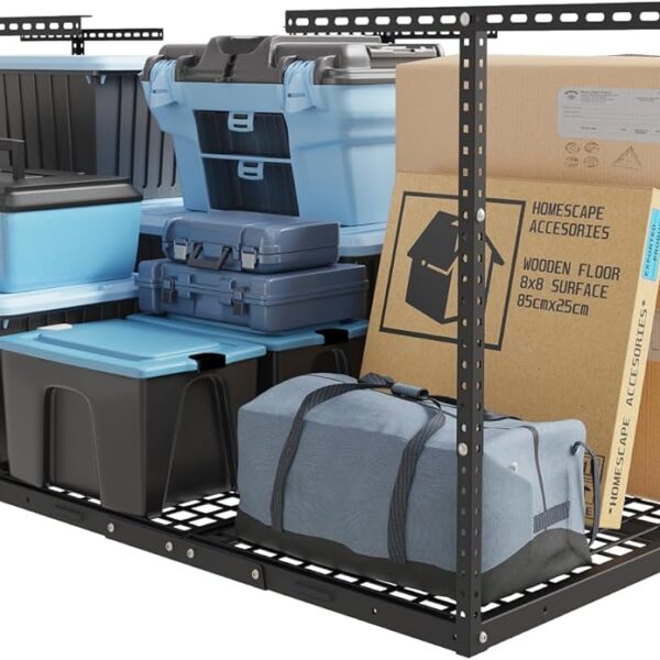 FLEXIMOUNTS 4x8 Overhead Garage Storage Rack, Adjustable Organization System, Heavy-Duty Metal Ceiling Racks, 750lbs Weight Capacity, Black, Classic Series