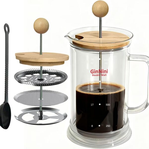 34-Ounce French Press Coffee Maker, Double Wall Borosilicate Glass Carafe with Removable Stainless Steel Filter and Shaft with Enlarged Bamboo Knob and Lid,Heat-Resistant for Coffee and Tea