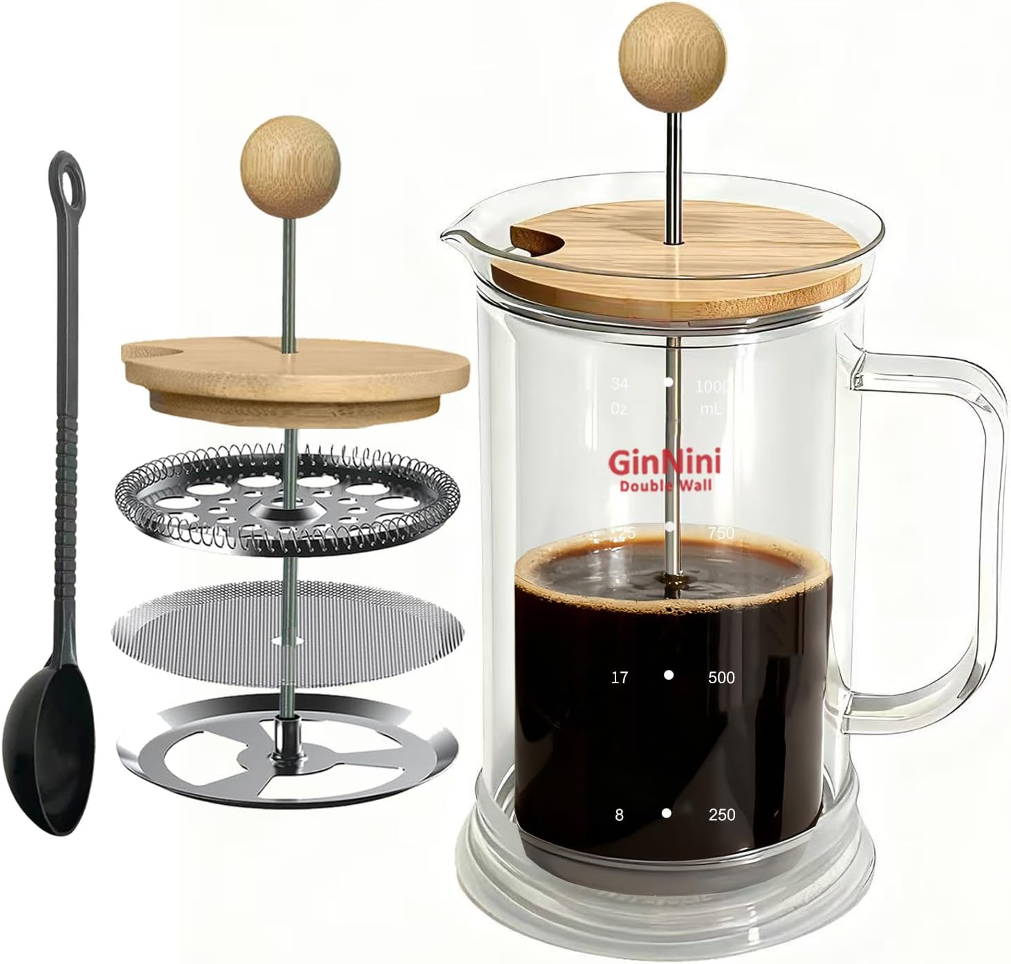 34-Ounce French Press Coffee Maker, Double Wall Borosilicate Glass Carafe with Removable Stainless Steel Filter and Shaft with Enlarged Bamboo Knob and Lid,Heat-Resistant for Coffee and Tea 34-Ounce French Press Coffee Maker, Double Wall Borosilicate Glass Carafe with Removable Stainless Steel Filter and Shaft with Enlarged Bamboo Knob and Lid,Heat-Resistant for Coffee and Tea