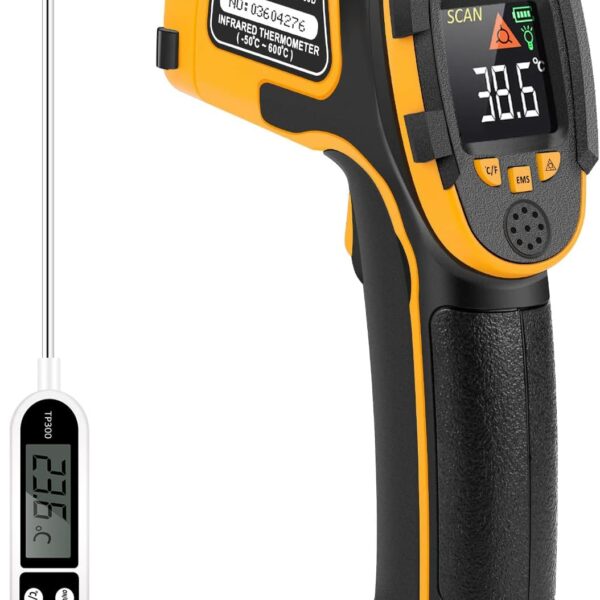 Infrared Thermometer Non-Contact Digital Laser Temperature Gun -581112(-50600) Adjustable Emissivity IR Temp Gun - for Cooking, BBQ, Food, Fridge, Pizza Oven, Engine - Meat Thermometer Included