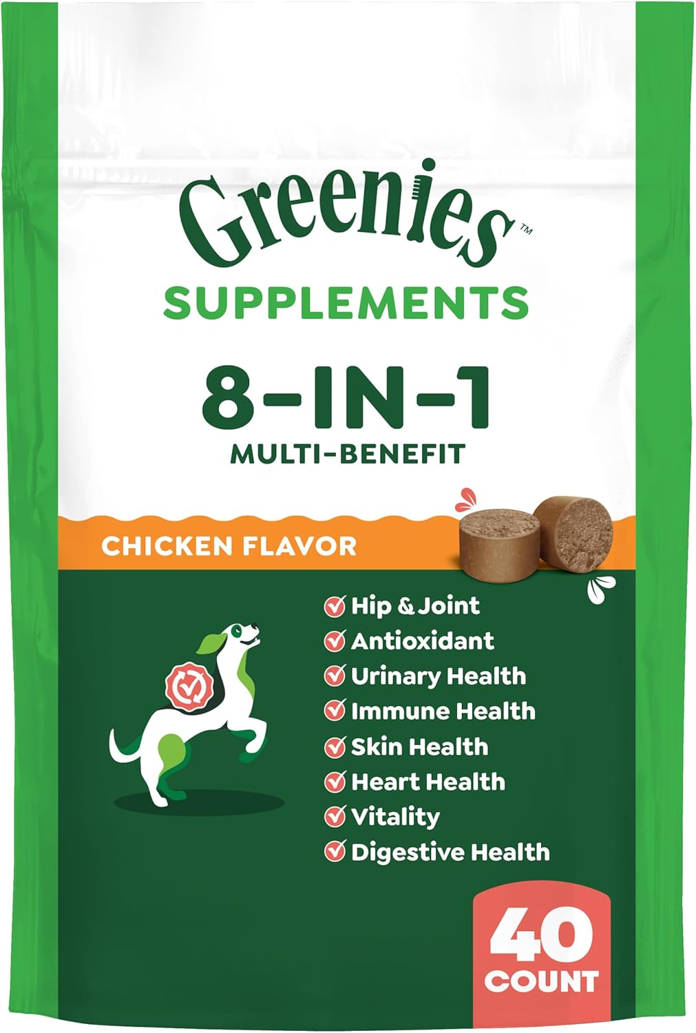 Greenies Dog Supplements 8-in-1 Multi-Benefit Chicken Flavor, 7.76 oz. Pouch, 40 Count Greenies Dog Supplements 8-in-1 Multi-Benefit Chicken Flavor, 7.76 oz. Pouch, 40 Count