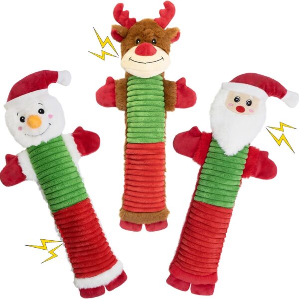 Christmas Squeaky Dog Toys- 3 Pack No-Stuffing Dog Chew Toys with Crinkle and Squeaker- Elk, Santa Claus, Snowman Chew Toys to Keep Them Busy, Tug of War Toys for Medium and Large Dogs
