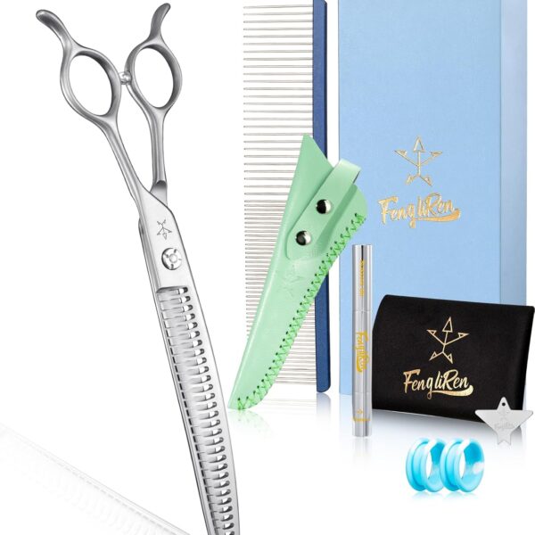 High-end Professional Dog Grooming Curved Thinning Scissors Teeth Blending Shears Pet Texturizing Thinner Blender Shears 7.5 Inch Extremely Very Sharp Made Of Stainless Steel Alloy For Dog Cat Groomer